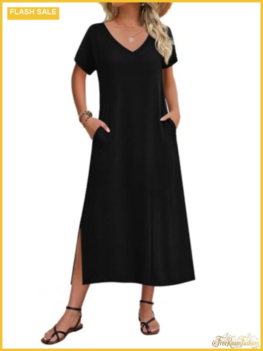 Women's Floral Maxi Dress with Pockets Short Sleeve V-Neck Beach T-Shirt Dress
